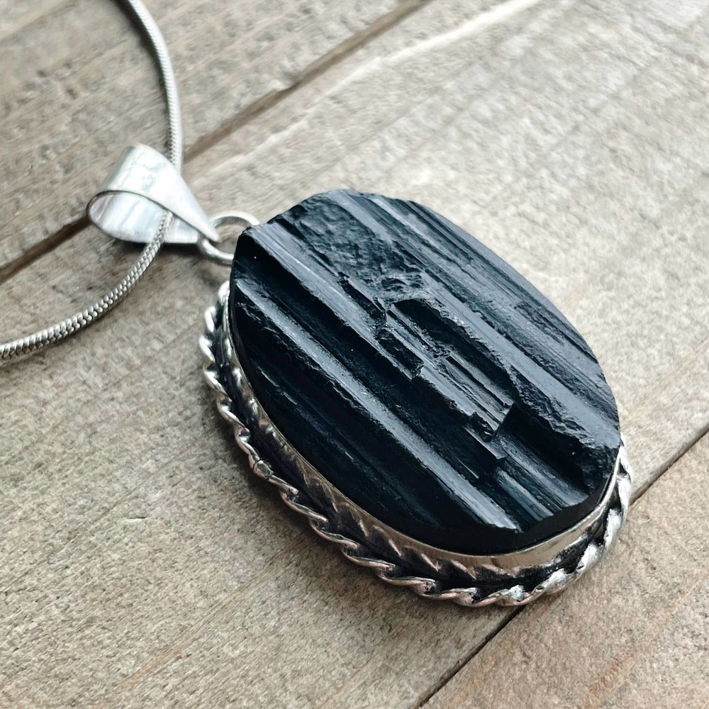 Black Tourmaline Pendant Necklace in 925 Silver on 18" Siver Snake Chain #034